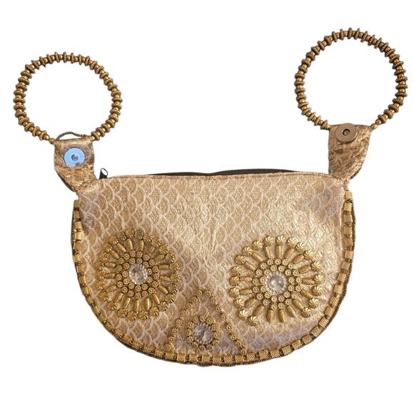 Handcrafted Artisan Gold Beaded Evening Clutch Wristlet Boho Bridal Purse Bag - Picture 1 of 9